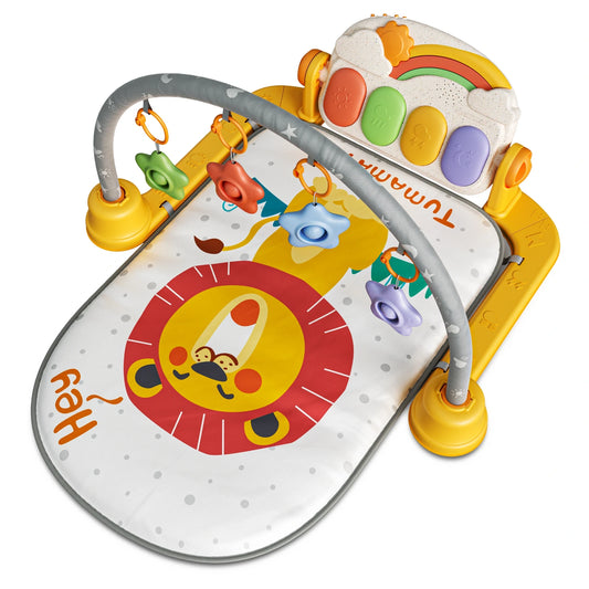 Colorful baby play gym with lion design mat, overhead arch, and four hanging star-shaped rattles, featuring a rainbow-themed musical piano keyboard at the top.