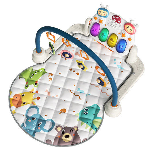 Colorful baby play gym with animal print mat featuring giraffe, elephant, bear, crocodile, and dinosaur designs. Includes a blue arch with multiple hanging rattles and a musical keyboard panel with four illuminated keys and cartoon characters.