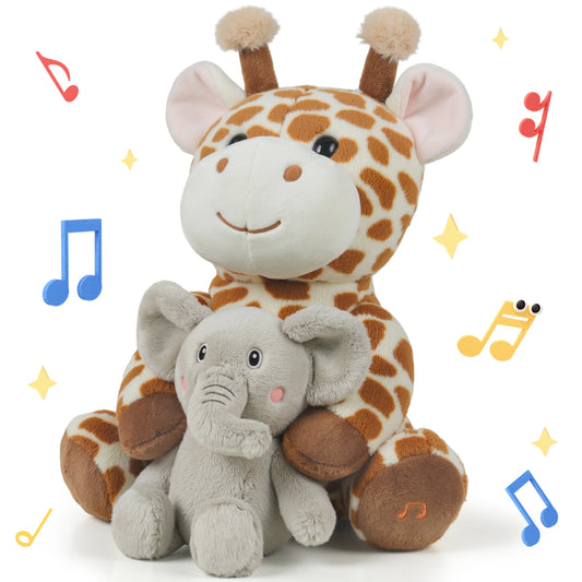 Interactive Giraffe Stuffed Animal Cuddling an Elephant Plush, featuring Voice Recording and Singing Functions, surrounded by Musical Notes and Sparkles.