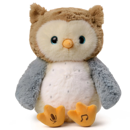 Interactive talking Animated owl plush toy for kids, featuring soft brown and gray fur, large blue-accented eyes, a yellow beak, and orange feet with embroidered microphone and music note icons, indicating sound and music features.
