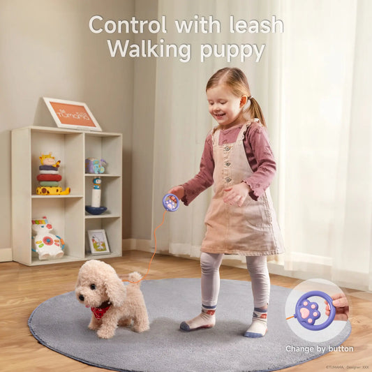 Young girl walking a realistic plush puppy toy on a paw-print leash indoors