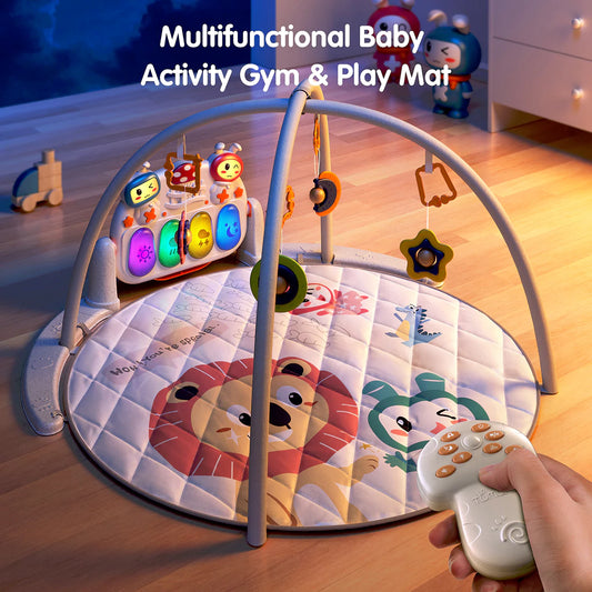 Multifunctional baby activity gym and play mat with soft quilted surface, hanging rattles, and a colorful light-up musical keyboard, controlled by remote.