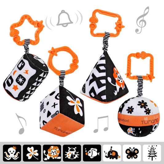 Baby black and white high contrast shapes set pram toys