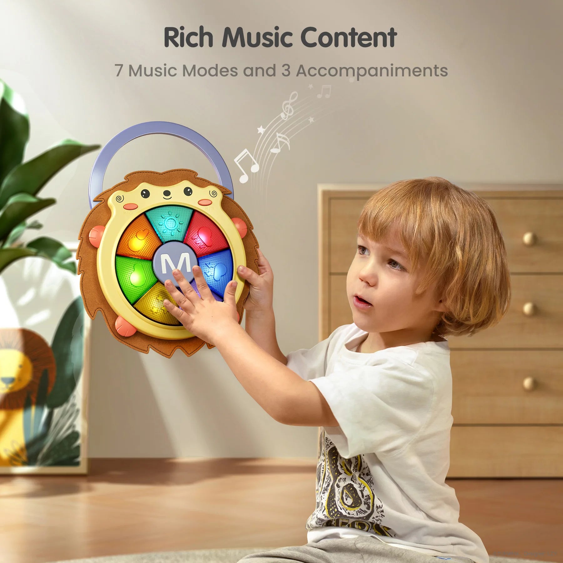 A young child plays with a hedgehog-shaped musical toy featuring colorful illuminated buttons. The toy is held upright while the child presses the glowing panels, showcasing its "Rich Music Content" with 7 music modes and 3 accompaniments, as indicated by the text on the image. Musical notes are illustrated, emphasizing its interactive sound feature.