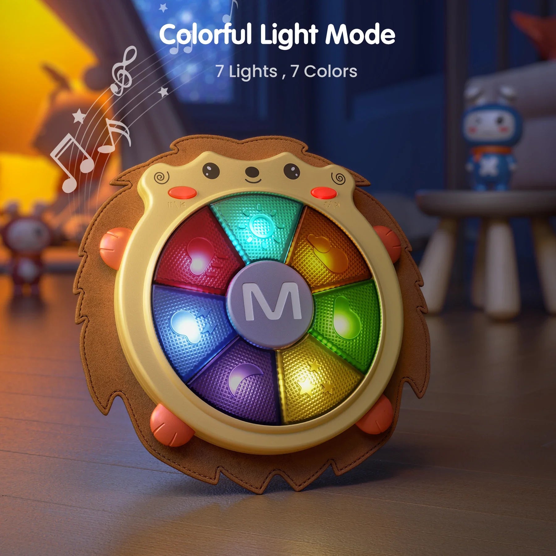 A hedgehog-shaped baby musical toy with a round face and seven illuminated buttons in different colors. The lights glow in red, orange, yellow, green, blue, purple, and cyan, demonstrating its "Colorful Light Mode" with 7 lights and 7 colors. Musical notes float around the toy, emphasizing its sound and light features. The toy is placed indoors in a softly lit nighttime setting.