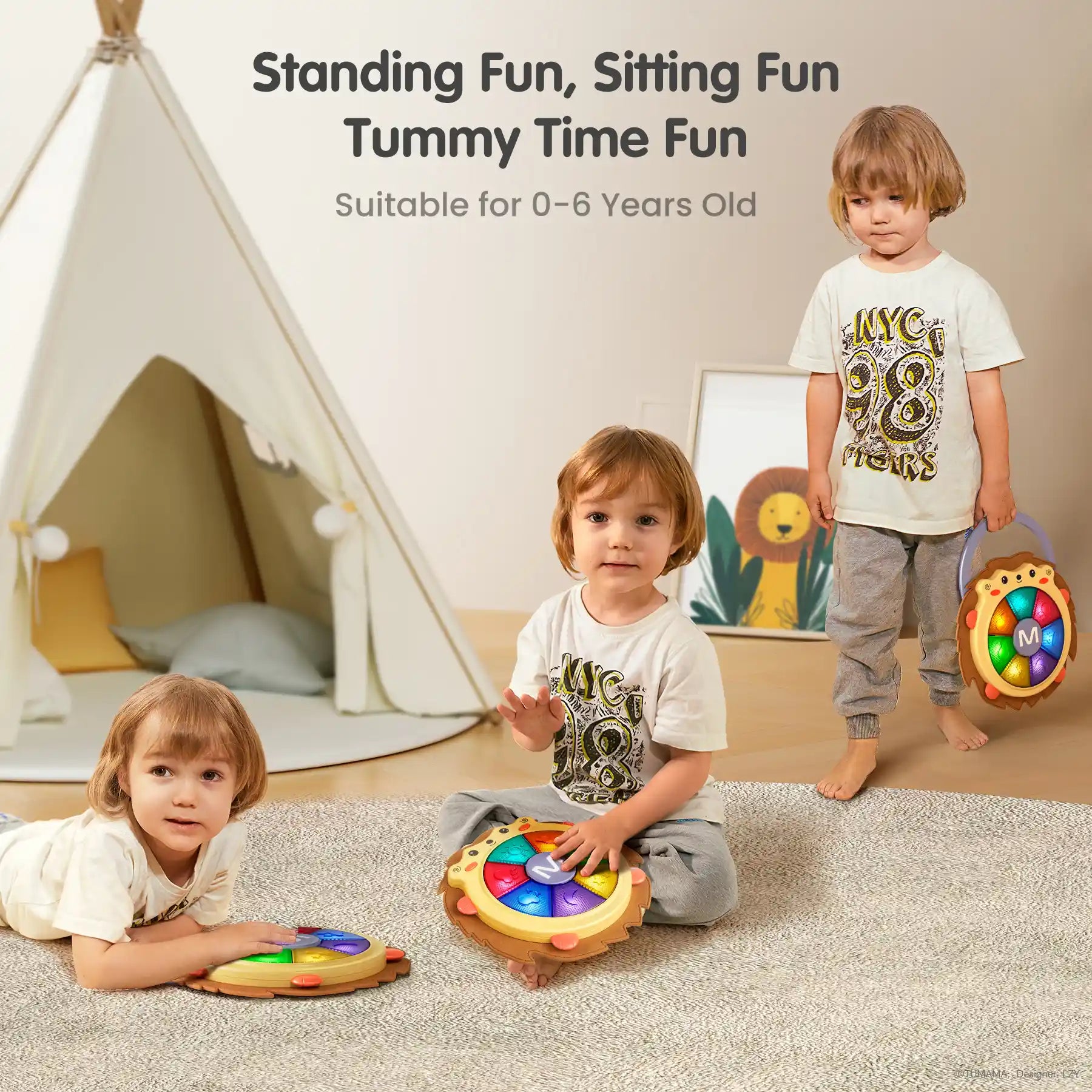 Three scenes show a child playing with a hedgehog-shaped musical toy. On the left, the child lies on their tummy pressing the colorful light-up buttons. In the center, the child sits cross-legged, tapping the toy like a drum. On the right, the child stands holding the toy by its handle, which lights up in different colors. The text above reads: “Standing Fun, Sitting Fun, Tummy Time Fun – Suitable for 0-6 Years Old.”