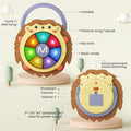 An illustrated guide of a hedgehog-shaped musical toy shows its functions. The front view highlights labeled buttons: “Cycle/next song,” “Previous song/pause,” “Key tone,” and “Music mode.” A handle at the top is marked “Portable.” The back view shows the battery compartment and controls labeled “Shutdown,” “Volume -,” “Volume +,” and “Accompaniment sound switching.” It indicates the toy uses three 1.5V “AA” batteries. The toy has a round, colorful light-up drum in the center with rainbow segments.