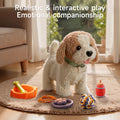 Realistic battery-operated toy dog standing on a round shag rug in a sunlit living room, surrounded by its orange dog bowl with a green bone toy, purple paw-print remote with cable, red toy bottle, and blue-white-orange rope ball; overlay text reads ‘Realistic & interactive play Emotional companionship.’