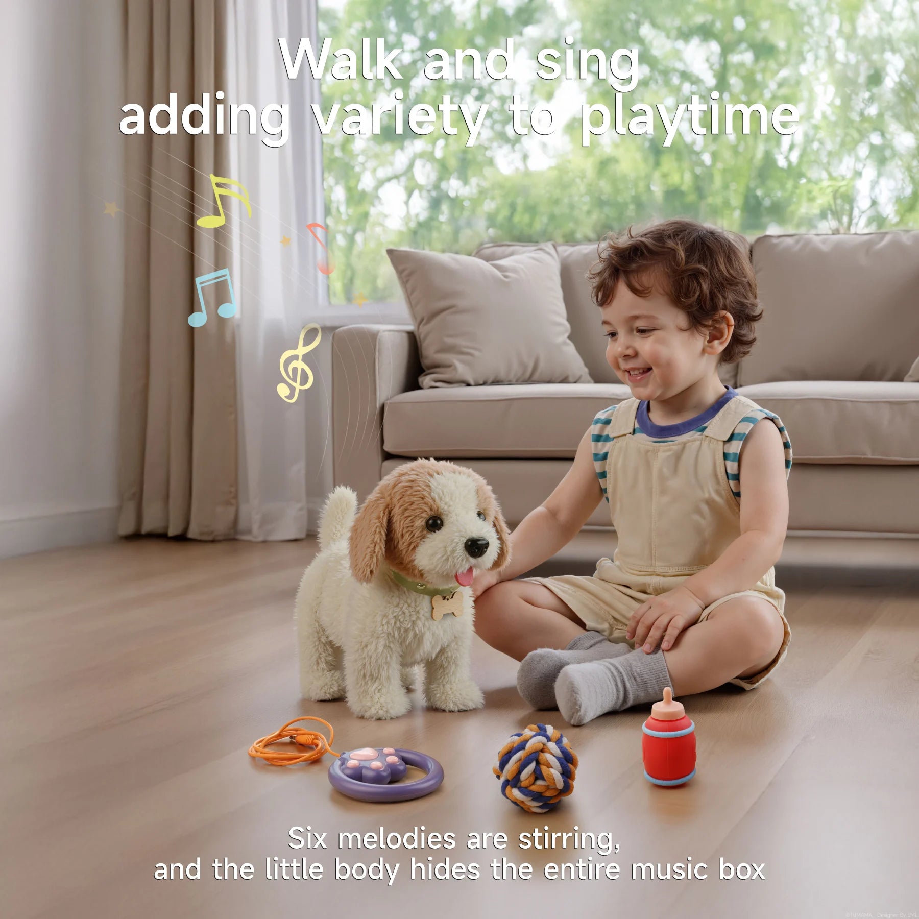 Young child sitting on the floor indoors, reaching toward a battery-operated toy dog as it walks and ‘barks,’ with its colorful accessories (rope ball, remote, toy bottle, bone in bowl) scattered around, overlaid with text ‘Walk and sing adding variety to playtime’ and musical notes.
