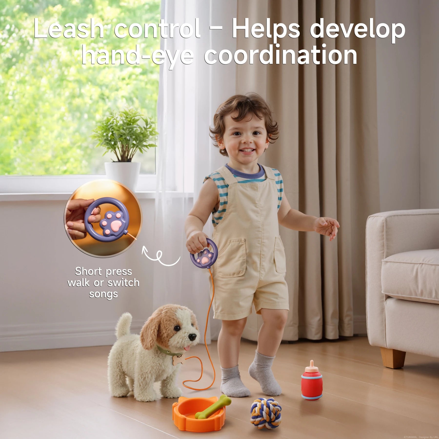 Toddler holding the purple paw-print remote leash connected to the walking toy dog, guiding it across the floor; inset shows a close-up of the child’s finger pressing the remote to make the dog walk or change songs, overlaid with text ‘Leash control – Helps develop hand-eye coordination.’