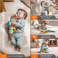 A promotional image featuring multiple uses of a multifunctional otter sensory toy for baby development. The layout includes a large main image on the left showing a baby in light blue ribbed clothing cuddling the plush otter toy while lying on a cream textured surface.