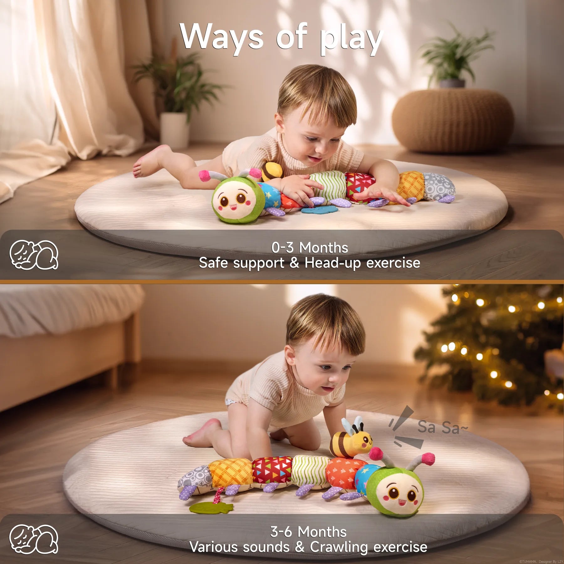 Two-panel image showing infant tummy time and crawling exercises with the colorful patchwork caterpillar toy: top panel a baby on their stomach lifting head to explore the rattling caterpillar (0–3 months, head-up exercise), bottom panel the baby crawling toward the bee-vibrating segment of the caterpillar (3–6 months, sound stimulation and crawling practice)