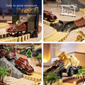 Collage of four scenes featuring dino-themed toy cars on a flexible track set: entering through a Jurassic-style gate, choosing track paths near a gas station sign, climbing rocky ridges with palm trees, and ascending a ramp into a giant dinosaur fossil truck.