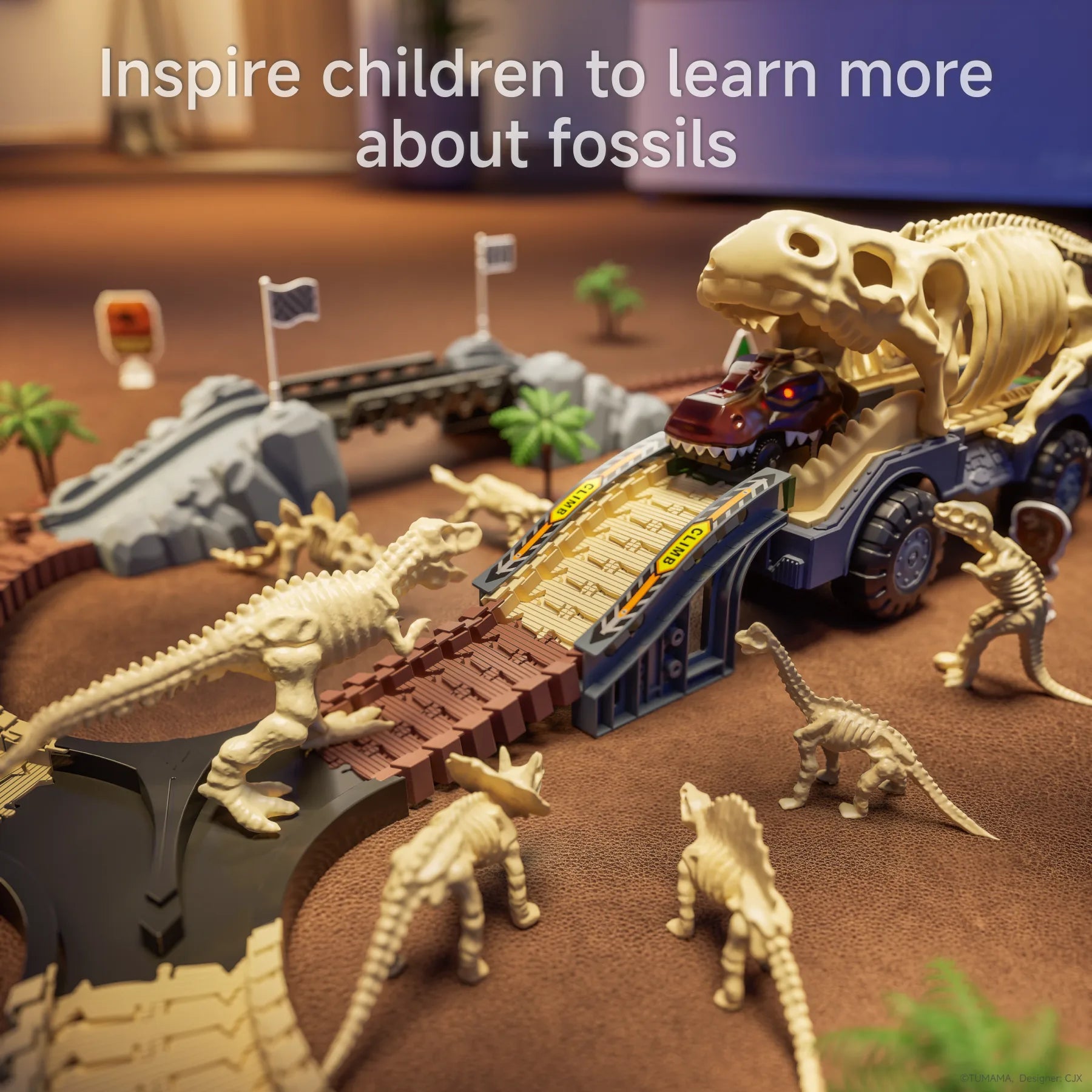 Dinosaur-themed racetrack toy set featuring a dino fossil transport truck with a ramp, surrounded by miniature fossil dinosaur figures, bridges, palm tree props, and a battery-powered dino car ascending the ramp—designed to inspire children’s curiosity about fossils.