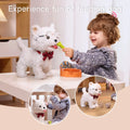 Smiling toddler girl feeds a fluffy white electronic toy dog wearing glasses and a red bow tie using a green toy bone. The dog stands on a table beside an orange food bowl and a colorful rope ball. Two smaller inset images show the girl putting a red hat on the dog and controlling it with a purple paw-shaped remote leash. Text overlay reads 'Experience fun of feeding dog'.