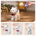 Interactive walking toy dog with red bow tie controlled by a purple paw-shaped leash remote. A hand holds the remote, demonstrating 'Control by leash' and 'Short press switch to next song'. Three smaller panels below show the toy dog simulating licking, responding to voice commands, and wagging its tail.