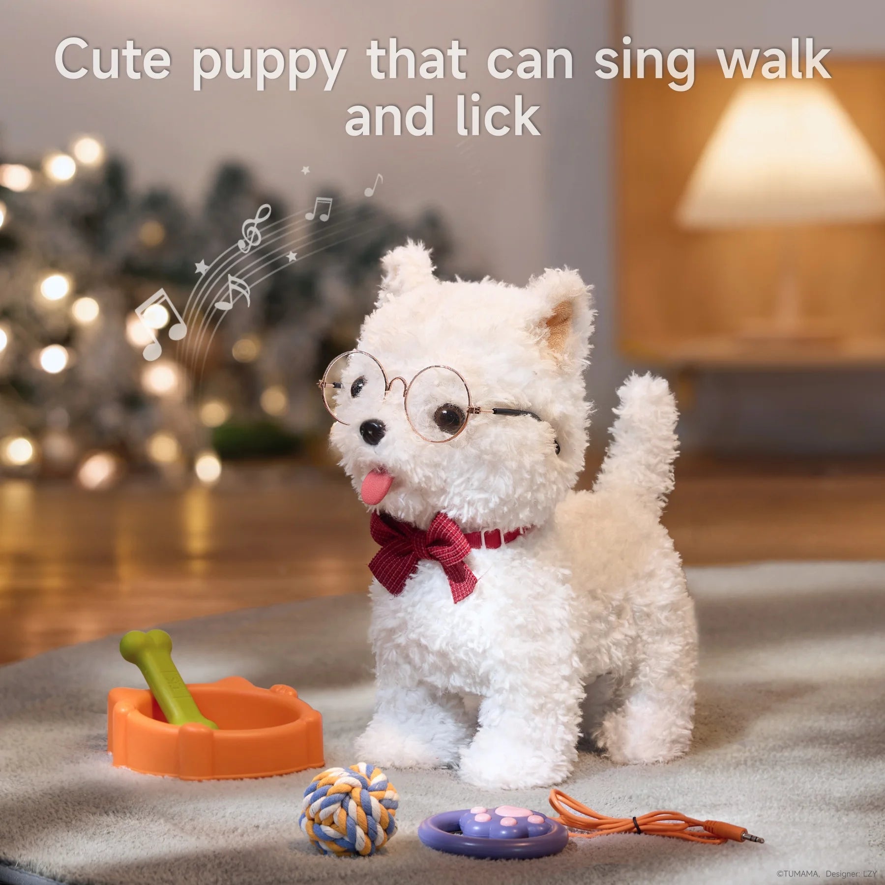 Adorable white plush Interactive toy puppy with glasses and red bow tie standing on a rug, surrounded by a toy food bowl, green bone, leash remote, and rope ball. Musical notes float around, illustrating the toy's ability to sing, walk, and lick. Background shows cozy indoor setting with warm lights and a lamp.