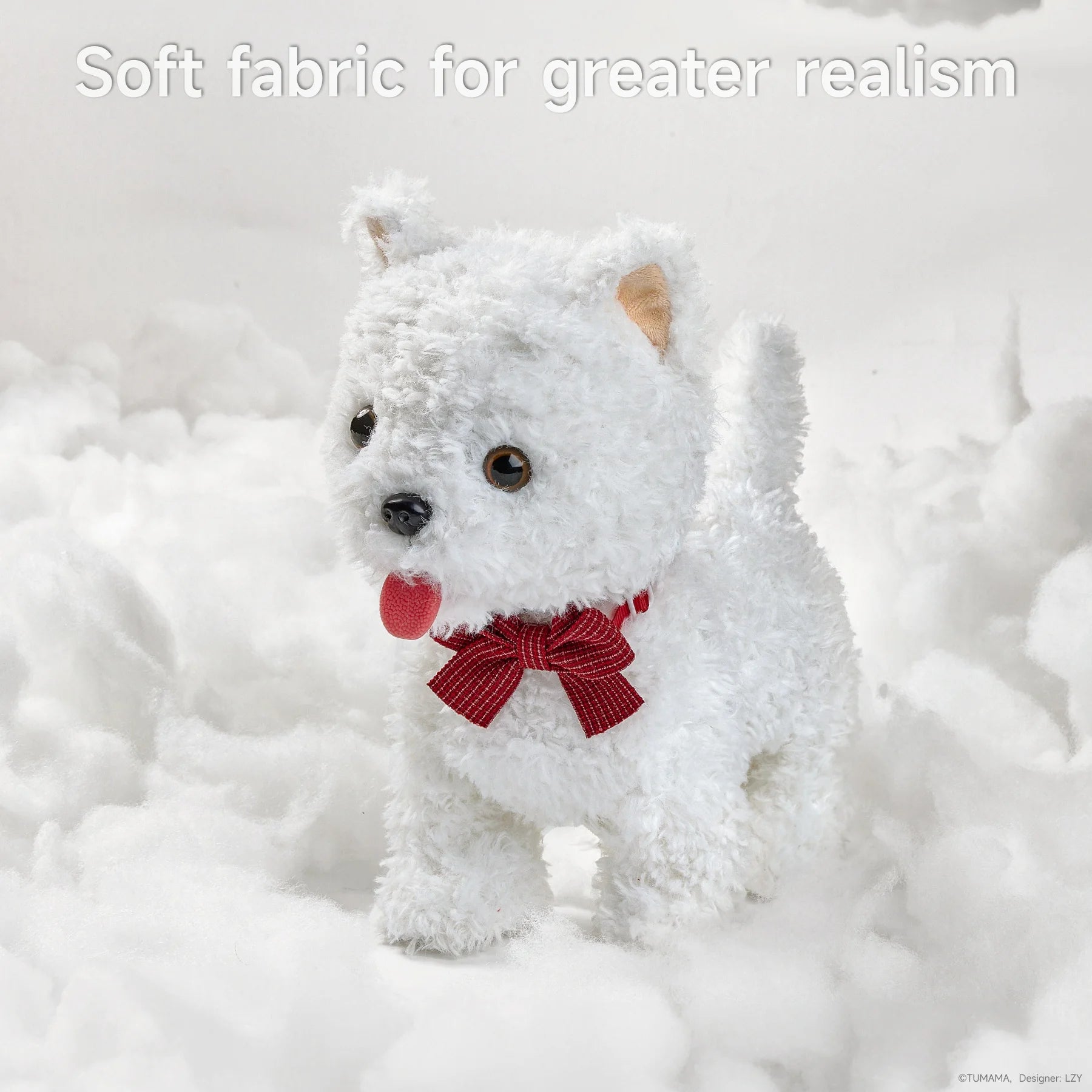 White plush Interactive walking toy puppy with a red bow tie standing in a fluffy, snow-like environment. The text above reads 'Soft fabric for greater realism,' highlighting the toy's realistic and tactile design.