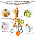 Plush giraffe baby toy hanging from a rope, surrounded by feature callouts. The toy includes a soft and safe green star-shaped teether, built-in rattles, rustling bell with colorful beads, unique crinkle-texture legs, and multiple teething rings. Text at the top reads “Multifunctional Hanging Animals Plush Rattle Toys.”