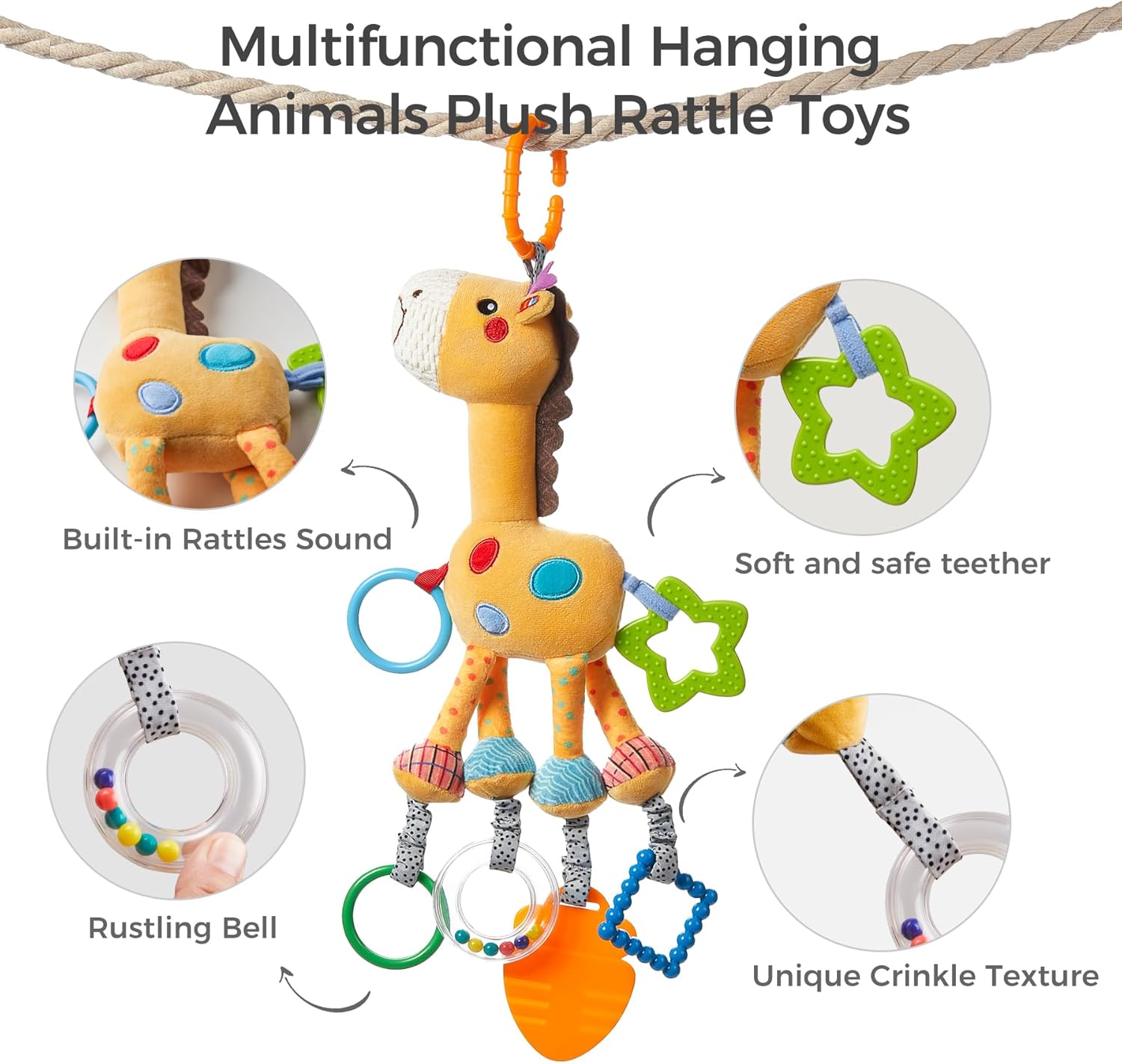 Plush giraffe baby toy hanging from a rope, surrounded by feature callouts. The toy includes a soft and safe green star-shaped teether, built-in rattles, rustling bell with colorful beads, unique crinkle-texture legs, and multiple teething rings. Text at the top reads “Multifunctional Hanging Animals Plush Rattle Toys.”