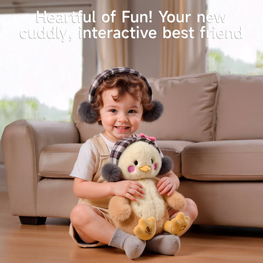 Smiling toddler sitting on the floor holding a cute interactive chick plush toy with checkered earmuffs and a pink bow, both wearing matching earmuffs, in a cozy living room setting.