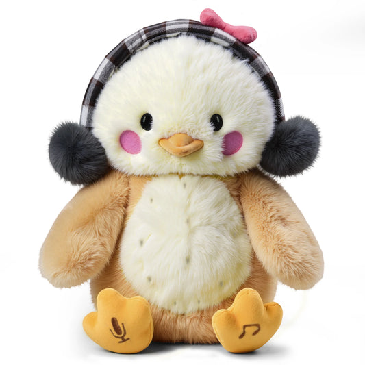 Cute chick interactive plush toy wearing checkered earmuffs and a pink bow, features sound and motion, perfect gift for toddlers.