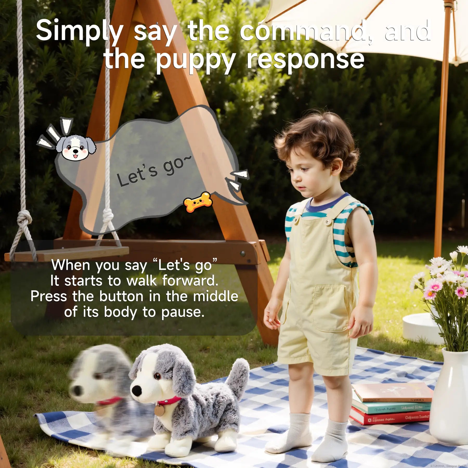 Child standing on a checkered picnic blanket outdoors, watching a gray and white interactive plush puppy toy walk forward after receiving the voice command “Let’s go,” with a swing and garden backdrop
