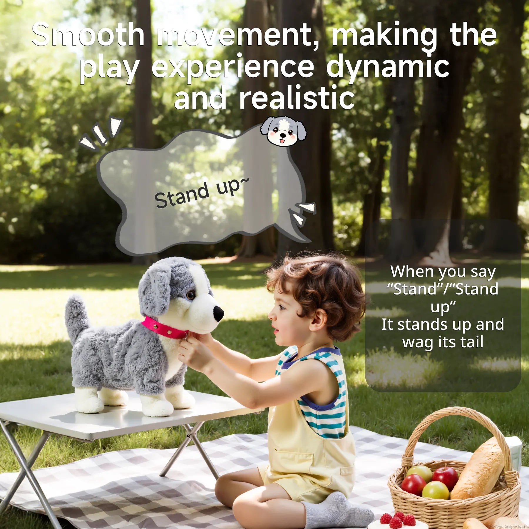 Child sitting on a picnic blanket in the park, interacting with a plush puppy toy standing upright on a small table after responding to the “Stand up” voice command, with picnic basket nearby and forest background