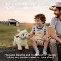 Child sitting beside a smiling adult outdoors, playing with an animated lamb plush toy that walks and sings; caption promotes developmental benefits like encouraging crawling in babies.