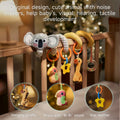 Koala-themed stretch and spiral activity toy wrapped around a crib rail, featuring hanging plush toys including a bird with a 'Bi Bi' sound, star-shaped teether, giraffe, and rattle ring, designed to support baby's visual, hearing, and tactile development.