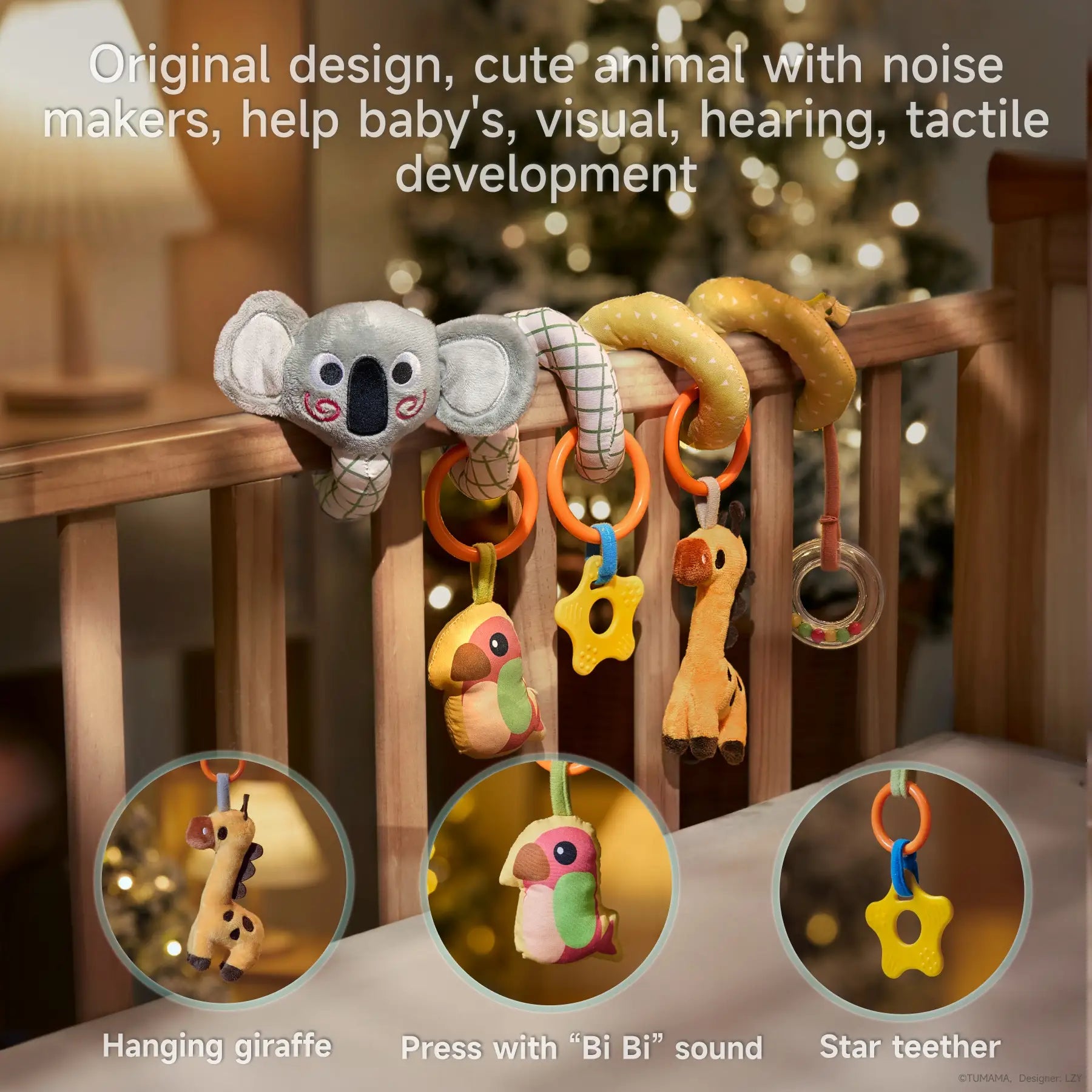 Koala-themed stretch and spiral activity toy wrapped around a crib rail, featuring hanging plush toys including a bird with a 'Bi Bi' sound, star-shaped teether, giraffe, and rattle ring, designed to support baby's visual, hearing, and tactile development.