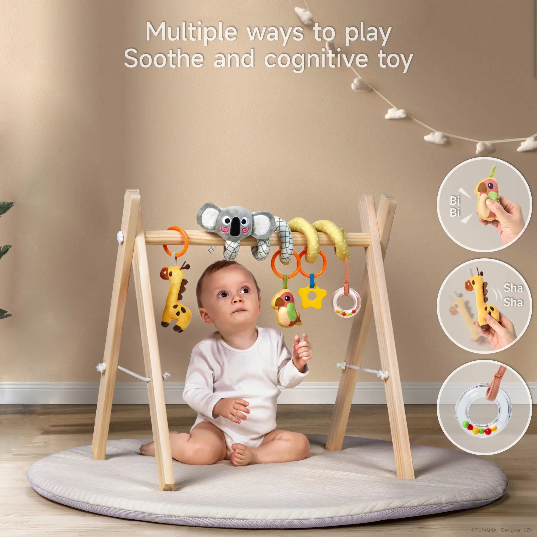Baby sitting under a wooden play gym with a koala-themed spiral activity toy wrapped around the bar, featuring hanging plush toys including a giraffe, bird with ‘Bi Bi’ sound, star teether, and rattle ring, promoting sensory and cognitive development.