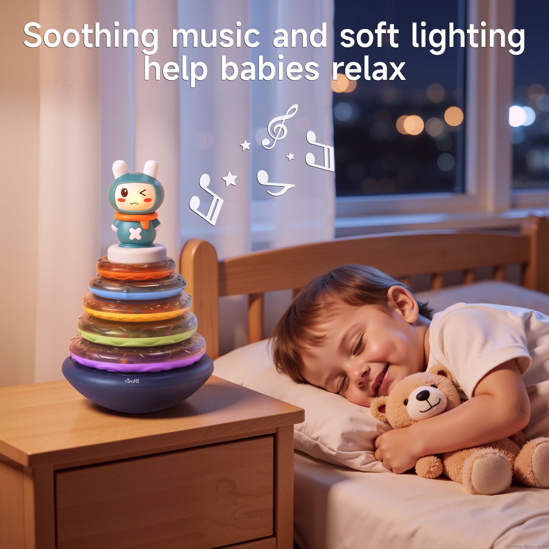 Soothing musical stacking rings toy with soft lighting and music helping a baby relax at bedtime