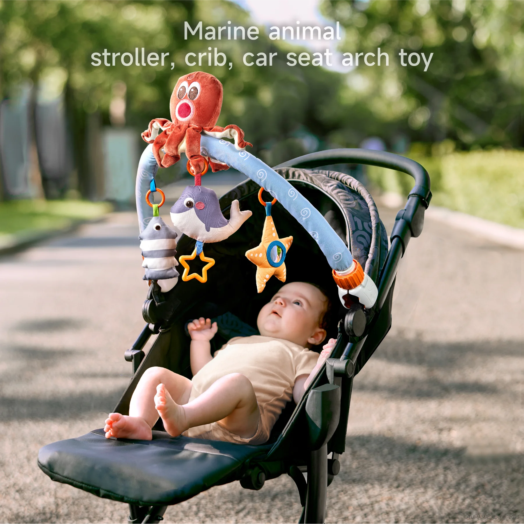 Octopus, fish, starfish travel play arch for baby's sensory exploration