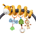Plush giraffe spiral stroller toy with hanging rattles and teethers. Includes a blue elephant with green leaf teether, green tree with clear bead ring, and brown lion plush. Designed to wrap around strollers, cribs, or car seats for baby entertainment.