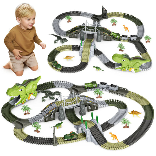 Pista de carreras de juguetes de dinosaurios, 281 piezas de juguetes de tren de dinosaurios, vías de tren flexibles con figuras de dinosaurios, autos eléctricos, juego para niños pequeños a partir de 3 años