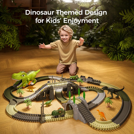 Pista de carreras de juguetes de dinosaurios, 281 piezas de juguetes de tren de dinosaurios, vías de tren flexibles con figuras de dinosaurios, autos eléctricos, juego para niños pequeños a partir de 3 años