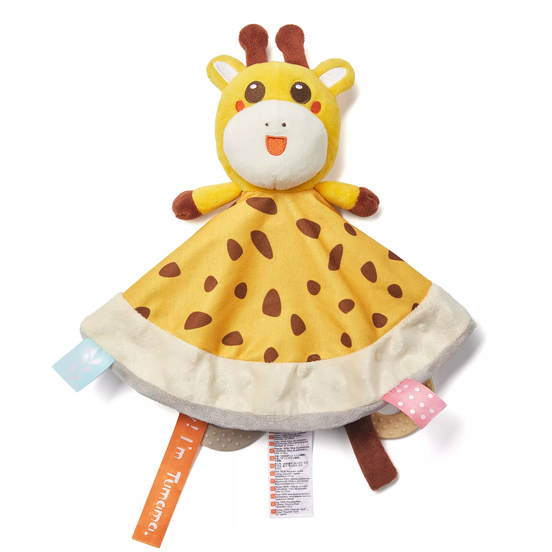 A baby security blanket featuring a plush giraffe head, yellow and brown spotted soft fabric, colorful tags, and rubber teething rings attached at the edges.