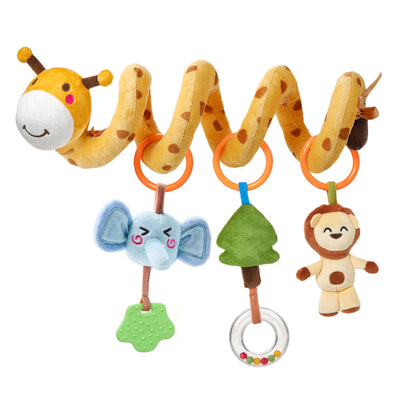 Plush spiral baby toy with a yellow giraffe head and orange rings, featuring hanging toys: a blue elephant with a green teether, a green tree with a clear rattle ring, and a smiling lion, designed for cribs or strollers.