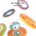 Close-up of colorful stacking rings and a bunny topper from the baby musical stacking toy. Several translucent rings in orange, green, blue, and purple are shown floating around, with smooth rounded edges for safety. Text on the image reads: “360-degree fine polishing,” highlighting the toy’s safe, baby-friendly design.