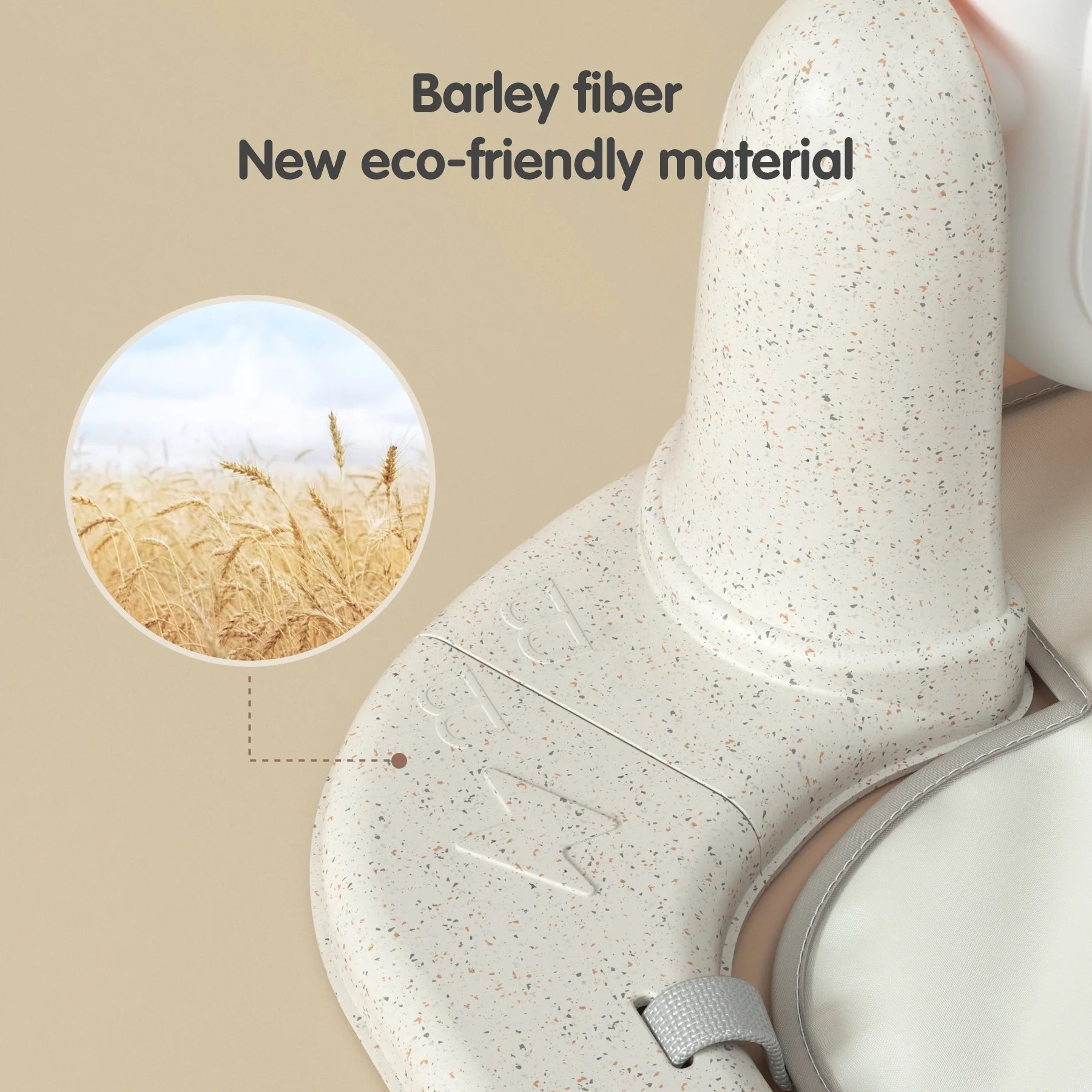Close-up of baby gym stand made from eco-friendly barley fiber material with inset image of barley field, highlighting sustainable design.