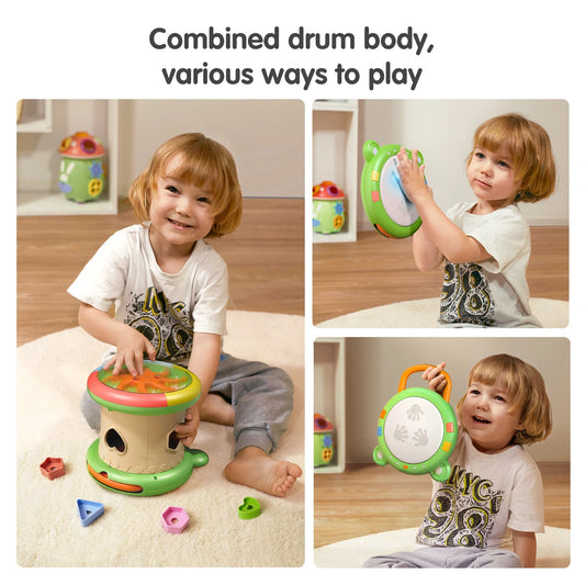 Juguete musical para bebé, instrumento musical 3 en 1, juguete sensorial con luz y sonidos, clasificador de formas, actividad, cubo musical para bebés de 18 meses o más