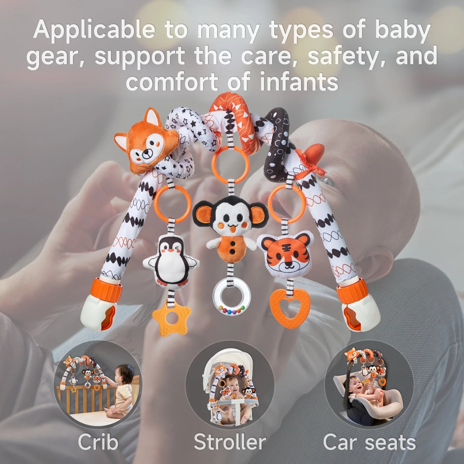 Designed to attach to strollers, car seats, playpens, and cribs, Lightweight, baby-safe, and travel-friendly.