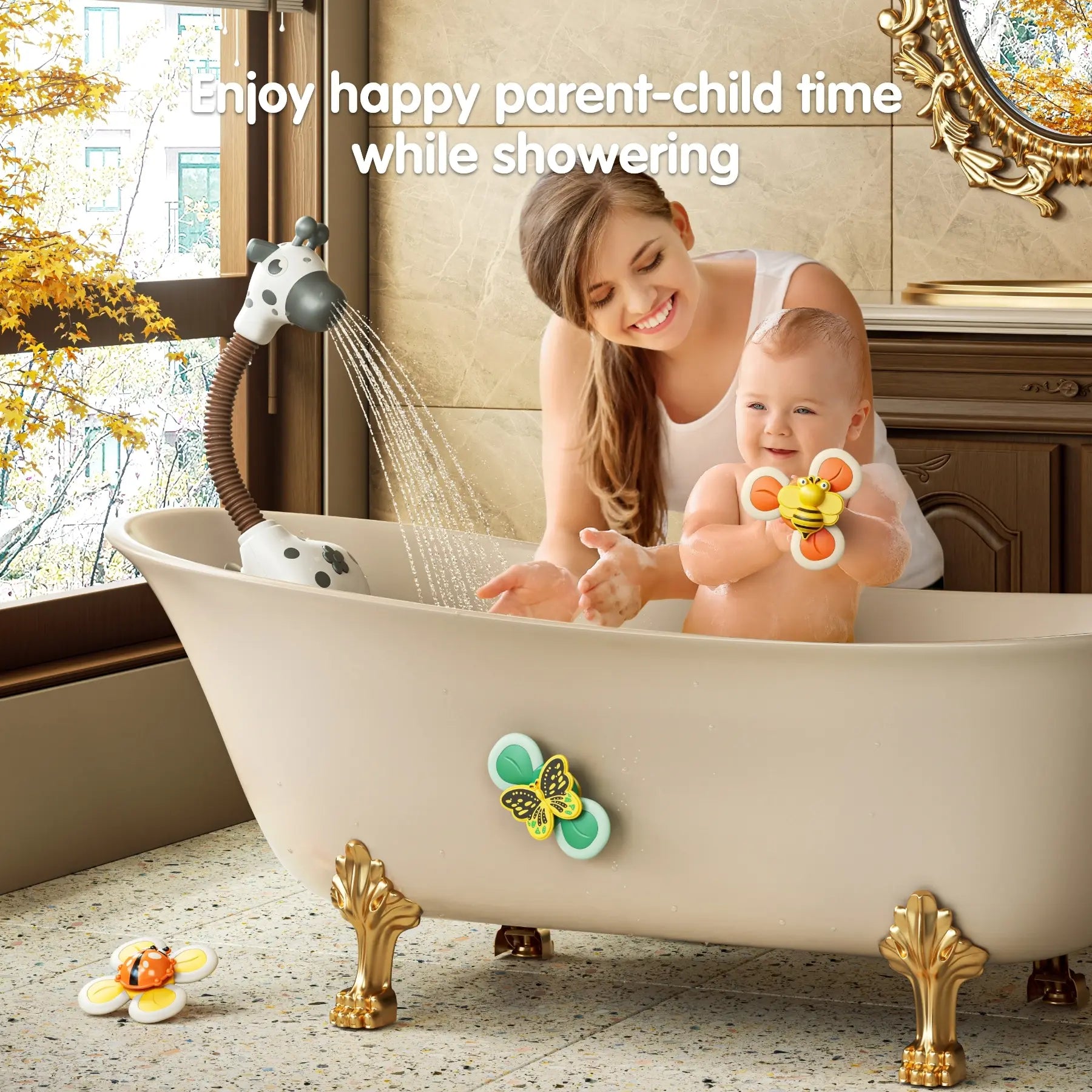 Cabezal de ducha de juguete para baño de bebé con juguetes giratorios, juguetes de cuerda, bomba de agua de bañera de cebra para niños pequeños de 18 meses o más