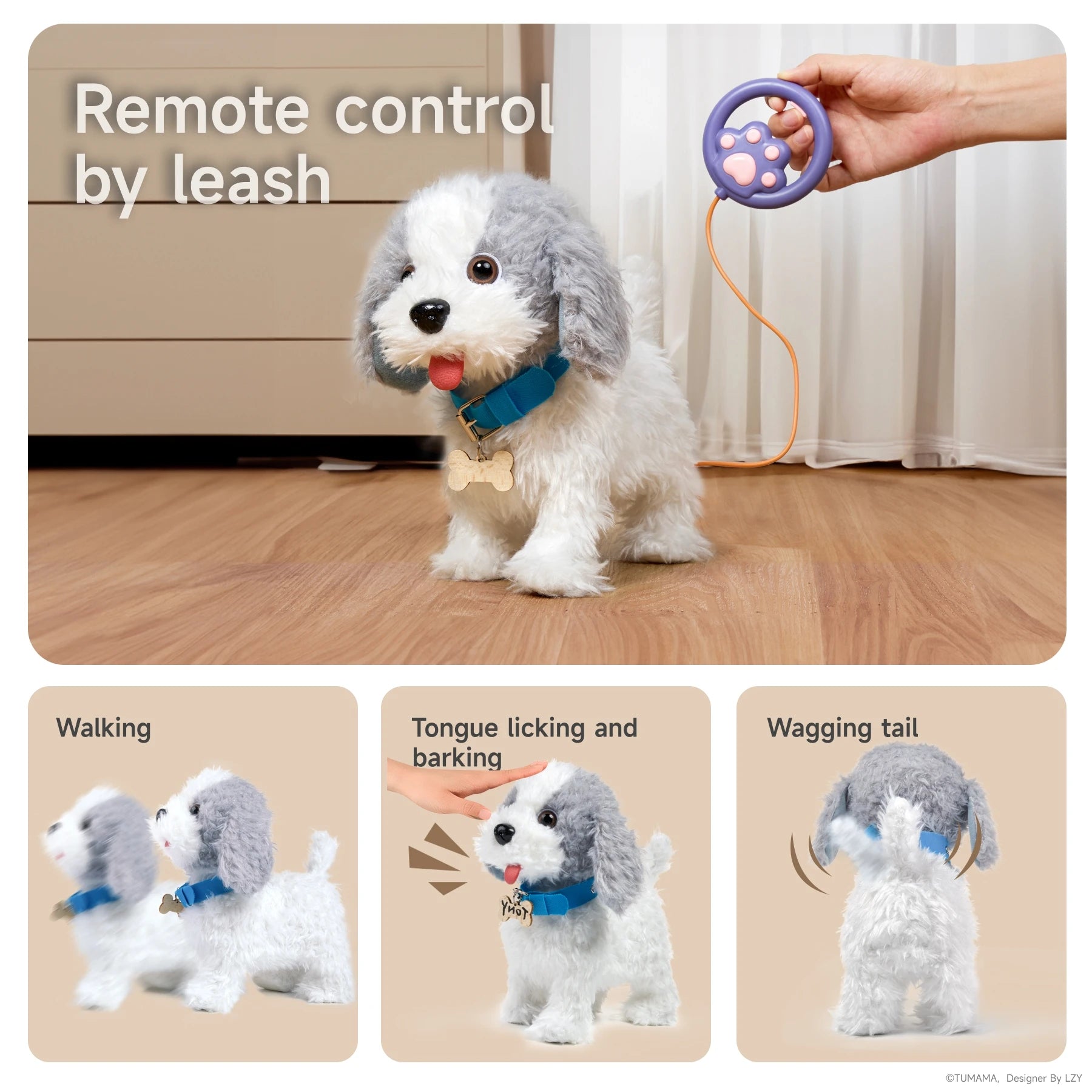Remote-controlled interactive plush puppy toy with gray and white fur, featuring walking, tongue-licking with barking, and tail-wagging functions, shown with a purple paw-shaped leash remote in a child's hand and close-up illustrations of each animated action.