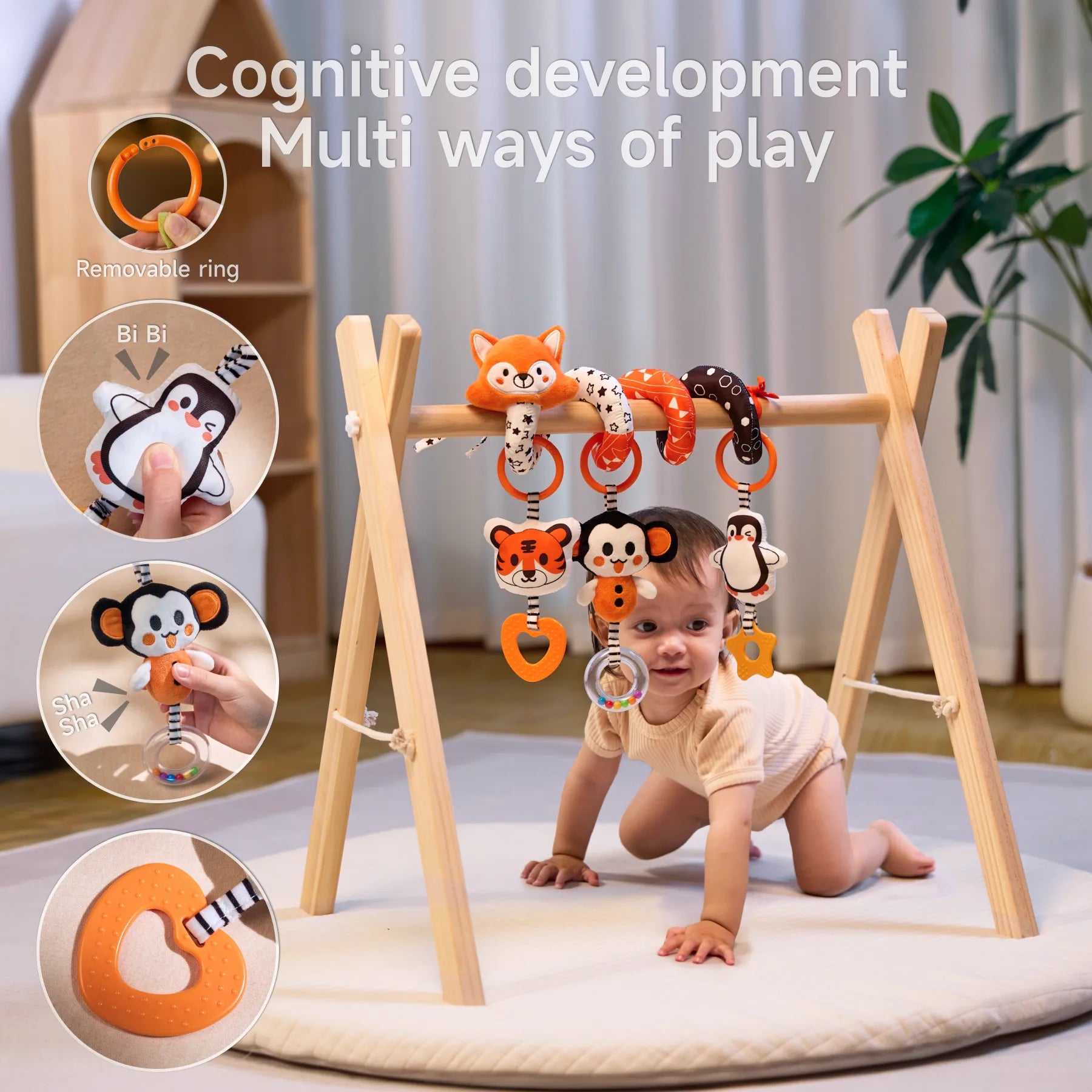Cute fox spiral toy fixed on baby gym stand, baby is playing with the plush toy hanging from the spiral toy