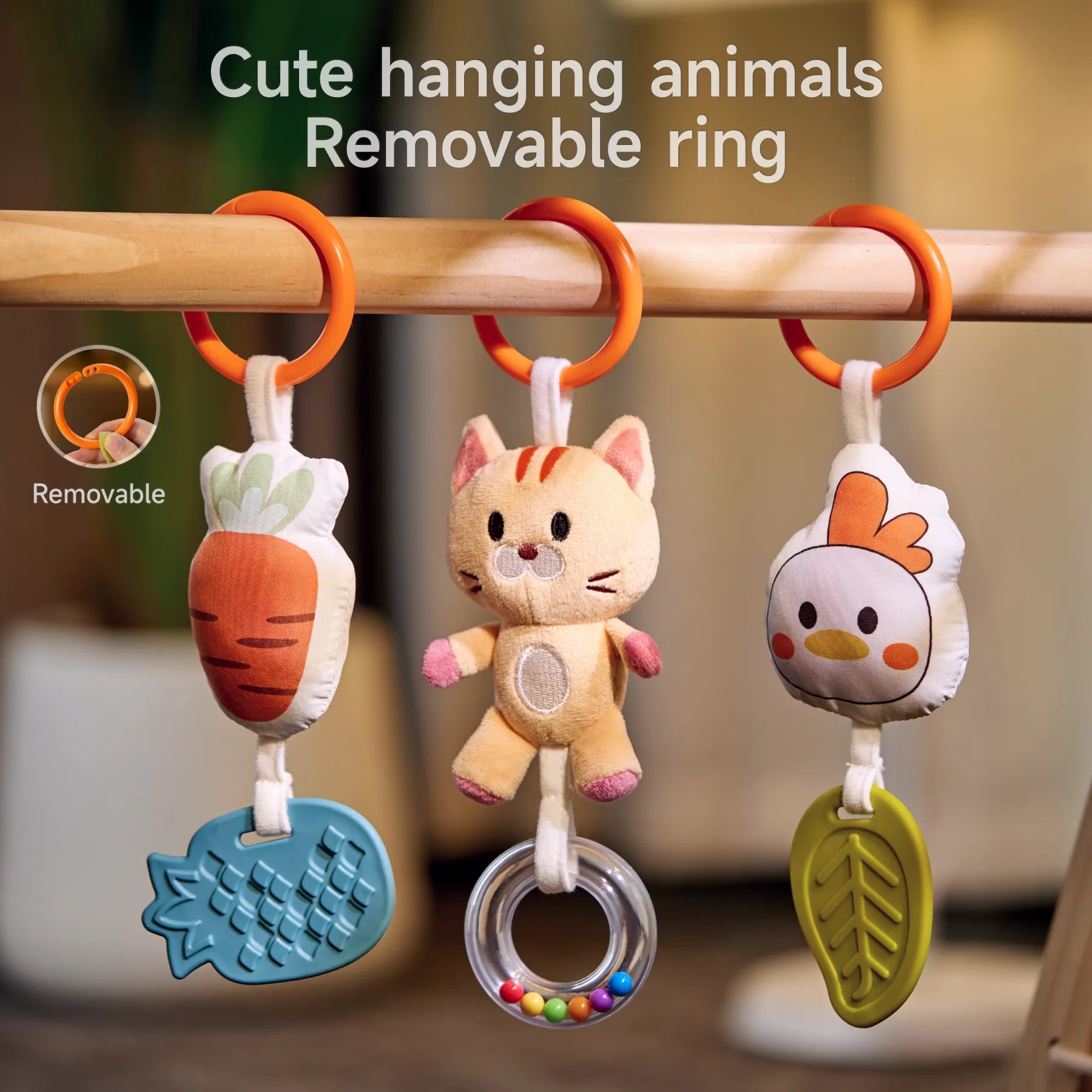 Close-up image of small stuffed animal toys on Bunny Spiral Car Seat Toy​ with Hanging Rattles Toys