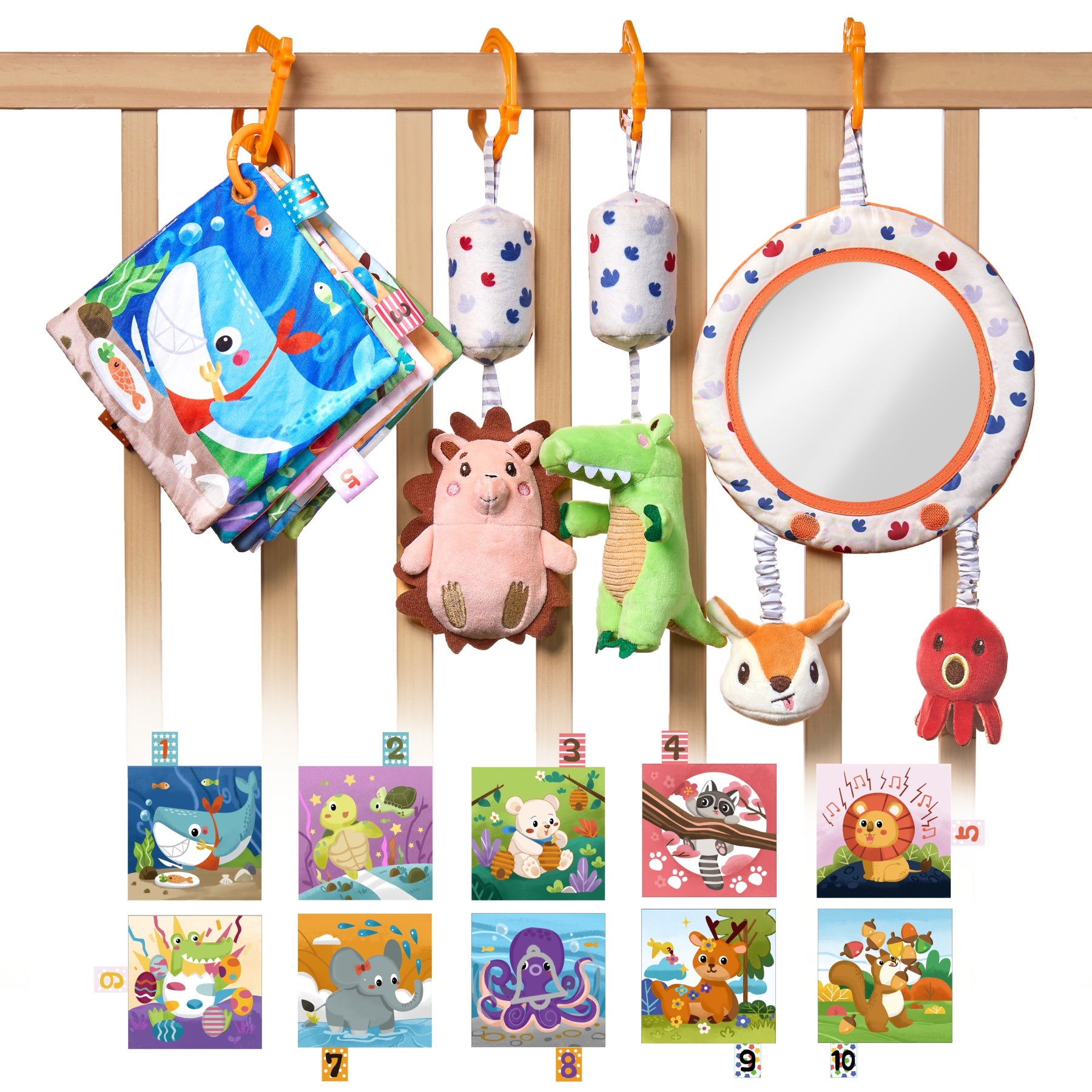 A colorful baby sensory toy set hanging from a rope, featuring a plush hedgehog, a soft mirror, a red octopus, a bunny head, a fabric baby book with ocean animals, and a green alligator plush, each suspended with patterned fabric straps and orange hooks.