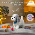 Interactive plush puppy toy with a blue collar standing on a rug, surrounded by toy accessories including a bowl, bone, bottle, and rope ball; the background shows a cozy room with a lamp and holiday lights, and an inset highlights a paw-shaped remote control used to activate singing, walking, and licking functions.