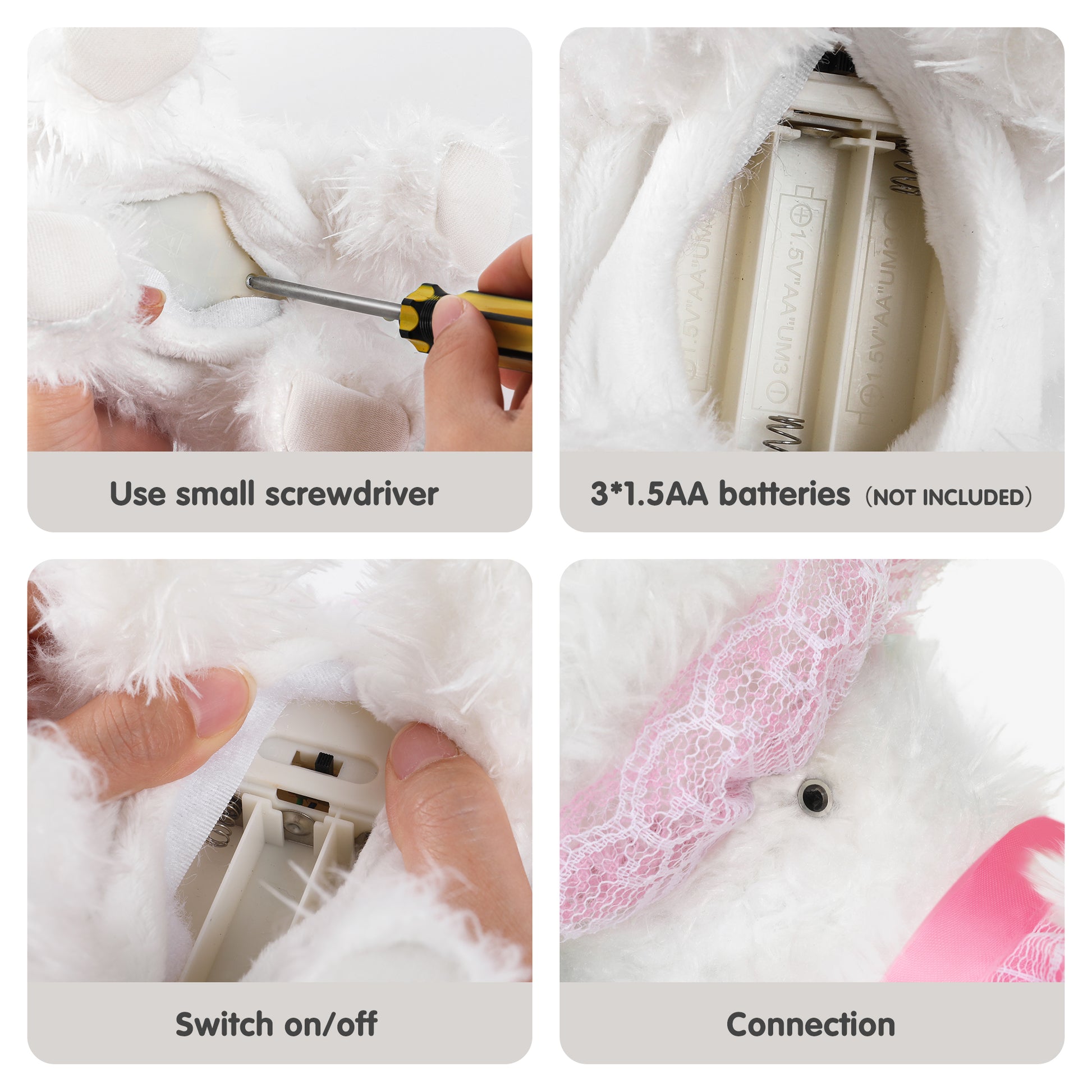 Step-by-step instructions for activating the walking and barking toy dog: use a small screwdriver to open the battery compartment, insert 3 x 1.5V AA batteries (not included), switch on/off via internal toggle, and connect the leash to the toy dog's control port.